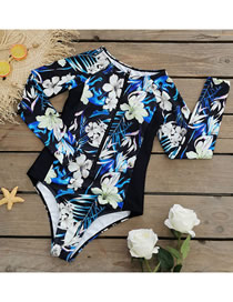 Fashion Black Background Polyester Printed Zipper Conjoined Swimsuit