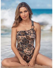 Fashion Coffee Polyester Printing Shoulder Connecting Swimsuit