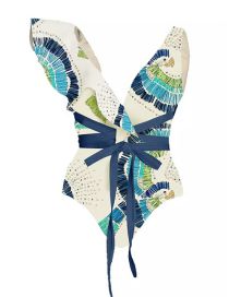 Fashion Blue Polyester Printing Bonded Lotus Leaf Band -tie Conjoined Swimsuit