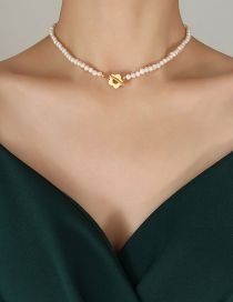 Fashion P630-golden Necklace-35cm Titanium Steel Geometric Pearl Beaded Flower Necklace