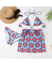 Fashion Blue Three -piece Swimsuit Of Printed Lace