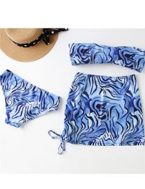 Fashion Blue Polyester Leopard Print Tube Top Split Swimsuit Cover Skirt Three Piece Set