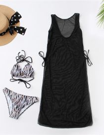 Fashion Black Polyester Zebra Print Halter Neck Tie Mesh Skirt Split Swimsuit Three Piece