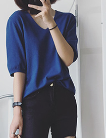 Fashion Blue Polyester V-neck Pullover Bottoming Shirt