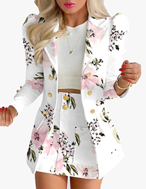 Fashion White Flower Polyester Print Double Breasted Pocket Lapel Blazer Skirt Set