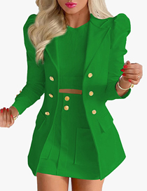 Fashion Dark Green Polyester Double-breasted Pocket Lapel Blazer Skirt Set