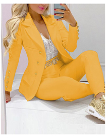 Fashion Yellow Polyester Breasted Pocket Lapel Blazer Trousers Set