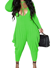 Fashion Green Solid Color Crew Neck Cutout Long Sleeve Jumpsuit