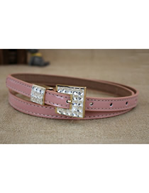 Fashion Pink Faux Leather Geometric Thin Belt With Square Diamond Buckle