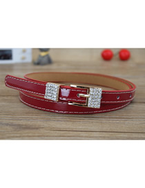 Fashion Red Faux Leather Diamond Metal Buckle Thin Belt