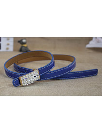 Fashion Blue Faux Leather Diamond Metal Buckle Thin Belt