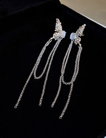 Fashion Ear Clip - Silver Cat Eye Pleated Butterfly Fringe Drop Earrings