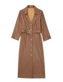 Fashion Brown Faux Leather Lapel V-neck Button-down Dress