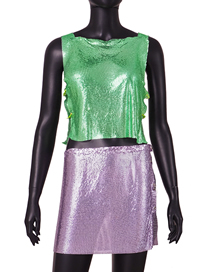 Fashion Color Sequined Sleeveless Open Waist Crew Neck Tank Top Skirt Set