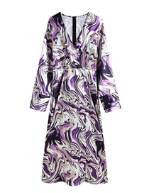 Fashion Purple Polyester Print V-neck Puff Sleeve Dress
