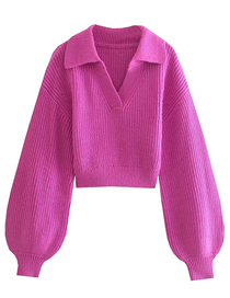 Fashion Rose Red Polyester Knit Puff Sleeve V-neck Sweater