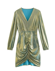 Fashion Gold V-neck Pleated Pullover Dress
