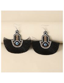 Fashion Black Fabric Diamond Palm Eye Tassel Drop Earrings