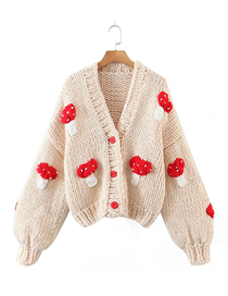 Fashion M Beige Mushroom Embroidered Buttoned Cardigan Jacket