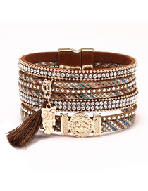 Fashion Brown Leather And Diamond Geometric Fringed Owl Layered Bracelet