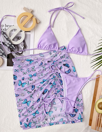Fashion Purple Polyester Halter Neck Tie Print Drawstring Split Swimsuit Three Piece