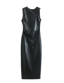 Fashion Black Pu Round Neck Sleeveless Dress