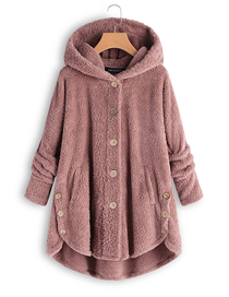 Fashion Pink Cashmere Breasted Hooded Curved Hem Coat  Cashmere