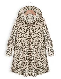 Fashion White Leopard Print Cashmere Breasted Hooded Curved Hem Coat  Cashmere