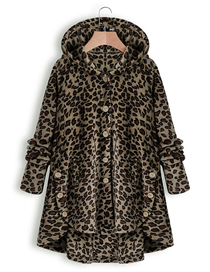 Fashion Black Leopard Print Cashmere Breasted Hooded Curved Hem Coat  Cashmere