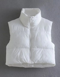 Fashion White Woven Stand Collar Zip Vest Jacket