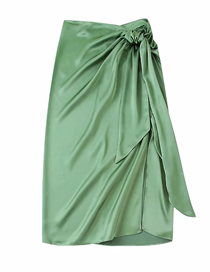 Fashion Green Silk-satin Knotted Pleated Skirt