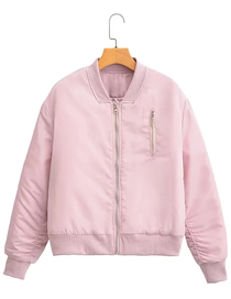 Fashion Pink Solid Color Stand Collar Zip Jacket
