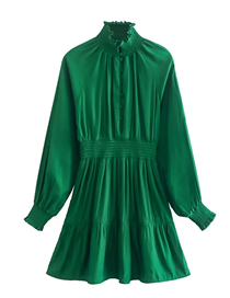 Fashion Green Woven Pleated Neck Waist Stand Collar Dress