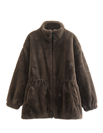 Fashion Grey Faux Fur Drawstring Stand Collar Jacket