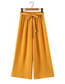 Fashion Yellow Polyester Lace-up Straight-leg Trousers