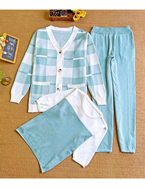 Fashion Sky Blue Wool Knit Crew Neck Short Sleeve Check Cardigan Trousers Set