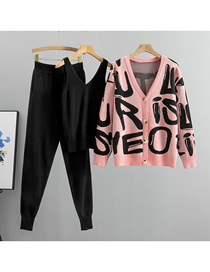Fashion Pink Acrylic Letter Knit Breasted Cardigan Straight Leg Pants Set