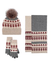 Fashion Red Triangle [three-piece Set] Acrylic Triangle Print Knit Five-finger Gloves Scarf Pullover Hat Set