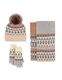 Fashion Blue Triangle [three-piece Set] Acrylic Triangle Print Knit Five-finger Gloves Scarf Pullover Hat Set