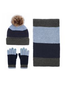 Fashion Light Blue + Dark Blue + Gray [three-piece Set] Acrylic Knit Striped Five Finger Gloves Scarf Pullover Hat Set