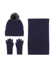 Fashion Navy Blue Three Piece Set Three-piece Set Of Solid Color Wool Knitted Five-finger Gloves Hooded Hat And Scarf