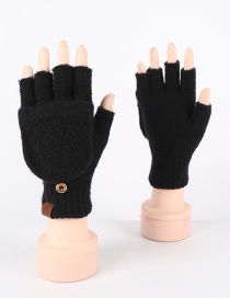 Fashion Black Faux Wool Knit Diamond Half Finger Flap Gloves