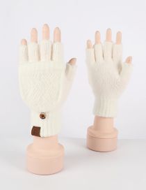 Fashion White Faux Wool Knit Diamond Half Finger Flap Gloves