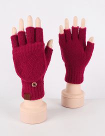 Fashion New Red Faux Wool Knit Diamond Half Finger Flap Gloves