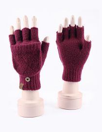 Fashion Dark Red Faux Wool Knit Diamond Half Finger Flap Gloves