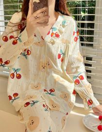 Fashion V-neck Cherry Bear Cotton Long-sleeved Double Gauze Print Pajama Set