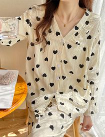 Fashion V-neck Black Love Cotton Long-sleeved Double Gauze Print Pajama Set