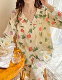 Fashion V Neck Tulip Cotton Long-sleeved Double Gauze Print Pajama Set