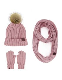 Fashion Pink Three-piece Suit Acrylic Knit Plush Ball Hood Scarf Gloves Three Piece Set