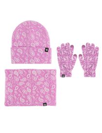 Fashion Purple Wool Knit Cashew Flower Print Scarf Gloves Pullover Hat Set